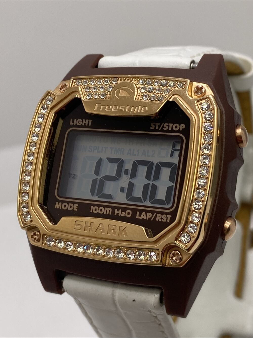 Freestyle Shark Rosegold Rhinestone White Leather Band Surfing Watch New Battery